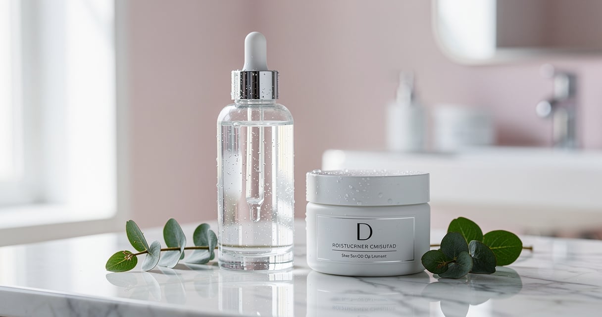 Sérum et crème à l'acide hyaluronique posés sur un plan de travail en marbre avec feuilles d'eucalyptus