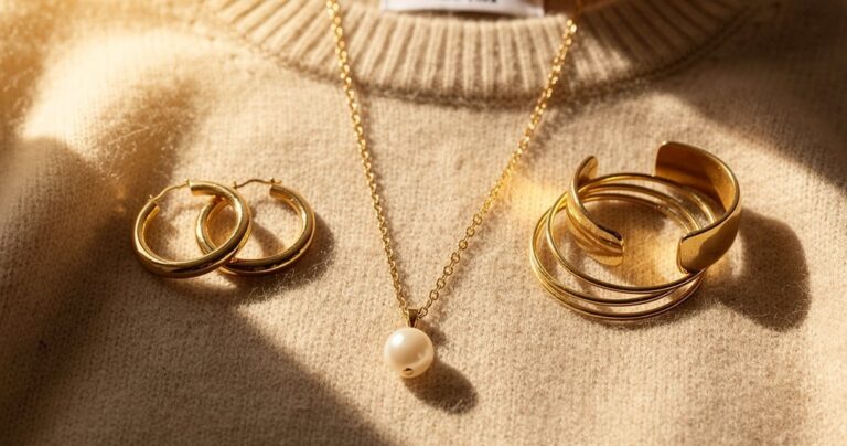 Bijoux tendance automne hiver : sautoir doré, créoles et bracelets joncs sur pull en cachemire beige