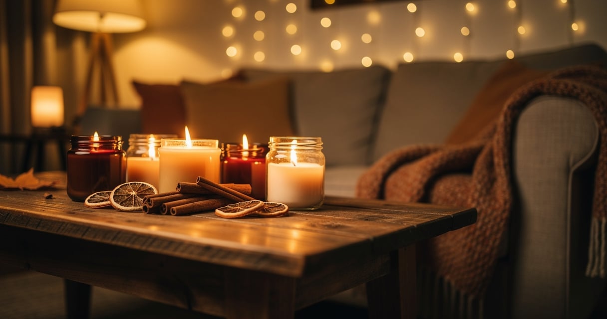 Bougies parfumées allumées sur une table basse dans un salon cocooning automnal