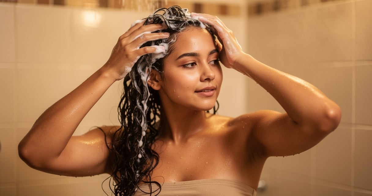 Femme aux cheveux bouclés appliquant un soin co-wash sous la douche
