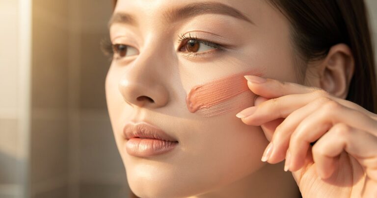 Femme appliquant un blush rose sur la pommette pour un draping maquillage