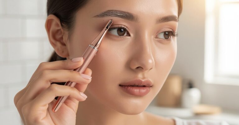 Femme utilisant un épilateur sourcils électrique devant un miroir