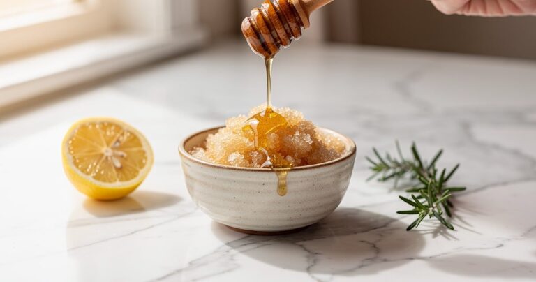 Bol d'exfoliant visage maison à base de sucre et de miel sur un plan en marbre