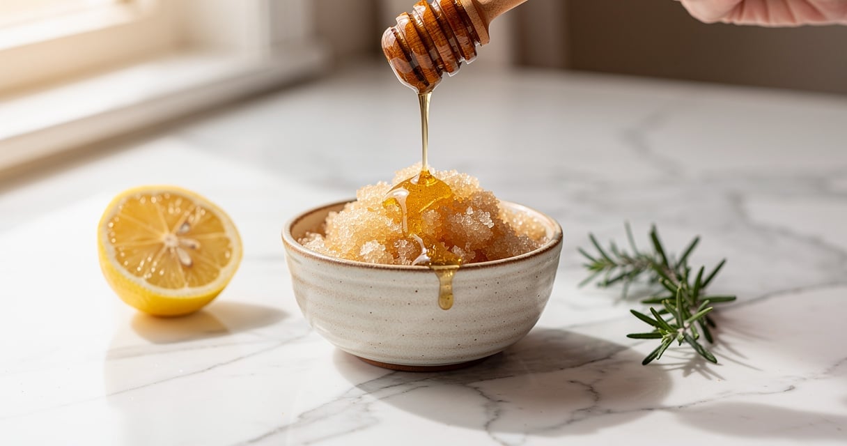 Bol d'exfoliant visage maison à base de sucre et de miel sur un plan en marbre