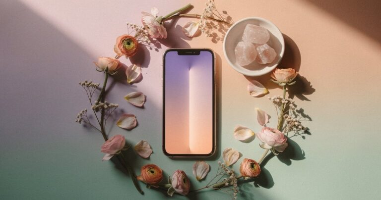 Smartphone affichant un fond d'écran pastel aesthetique entouré de fleurs séchées en flat lay
