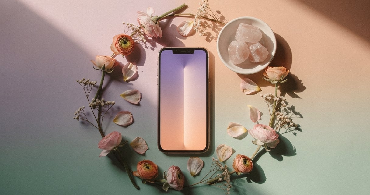 Smartphone affichant un fond d'écran pastel aesthetique entouré de fleurs séchées en flat lay