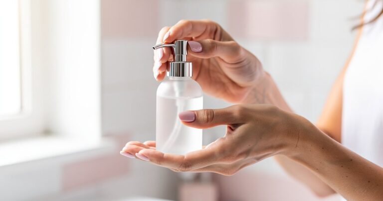 Femme appliquant du gel antibactérien sur ses mains avec un flacon élégant