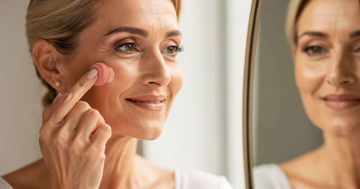 Femme de 40 ans appliquant un blush creme sur le haut des pommettes, geste lifting du maquillage peau mature