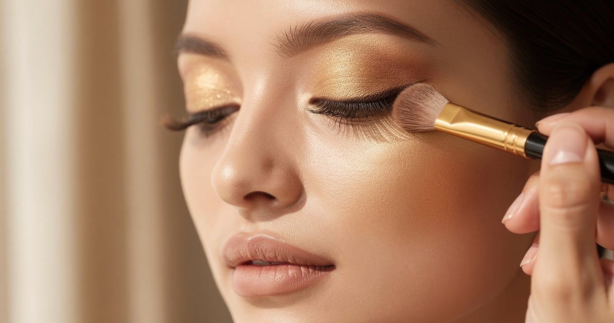Femme appliquant un fard doré sur ses yeux en amande avec un pinceau