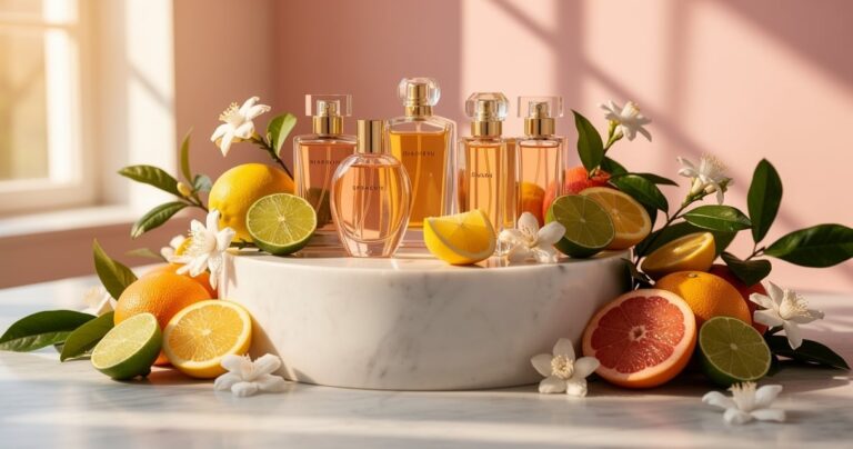 Sélection de flacons de parfum femme pour l'été avec agrumes et fleurs fraîches