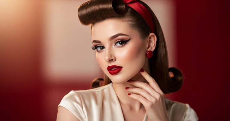 Femme avec un maquillage pin up complet et coiffure victory rolls rétro glamour