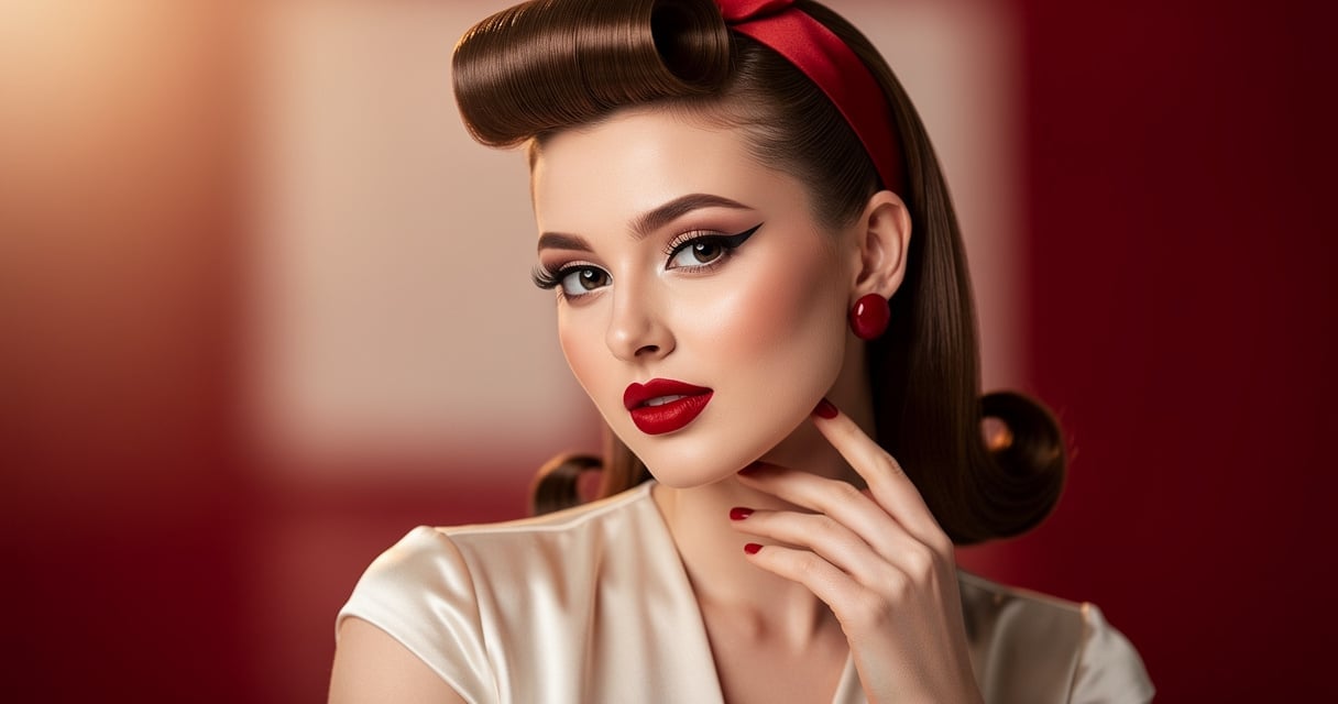 Femme avec un maquillage pin up complet et coiffure victory rolls rétro glamour