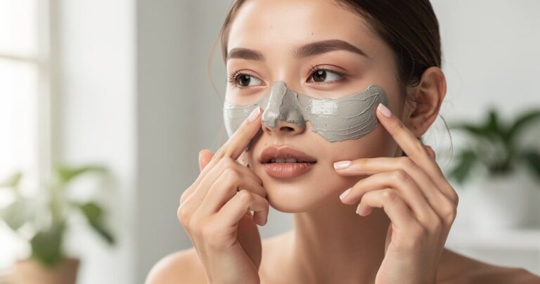 Femme appliquant un masque purifiant sur le visage pour eliminer les points noirs