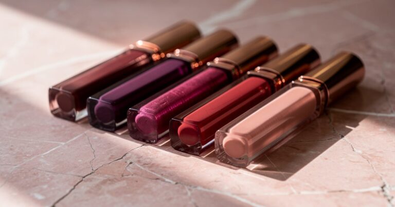 Sélection de rouges à lèvres longue tenue mat alignés sur une surface en marbre rose