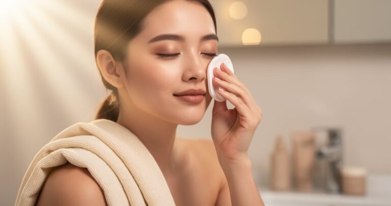 Jeune femme se démaquillant doucement les yeux avec un coton imbibé de démaquillant