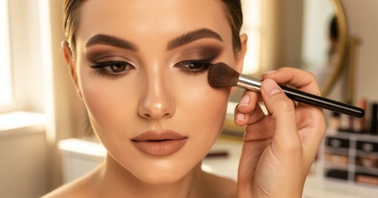 Femme appliquant un fard à paupières brun foncé avec un pinceau estompeur pour un smokey eye